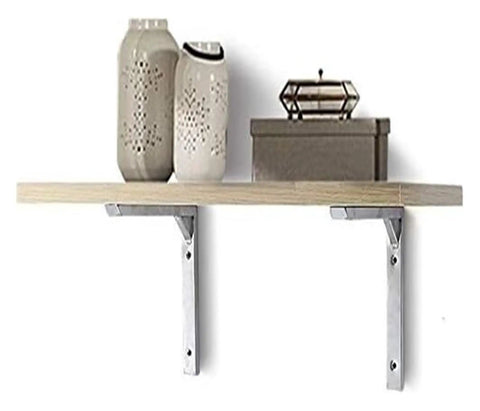 Rock Solid Stainless Steel Corner Bracket With Reinforced L Brace Design For Wall Mounted Shelving And Heavy Load Support No Sweat Setup Built Tough For Garage Workshop Diy Projects with wood shelf and decorative jars.