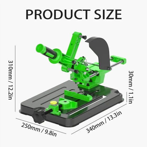 Universal Angle Grinder Stand Holder Mount Base For Woodworking Diy Cutting Support Locks Down Your Power Tool For Zero Shake Grinding Tasks Mounts Any Bench shown with product size dimensions.