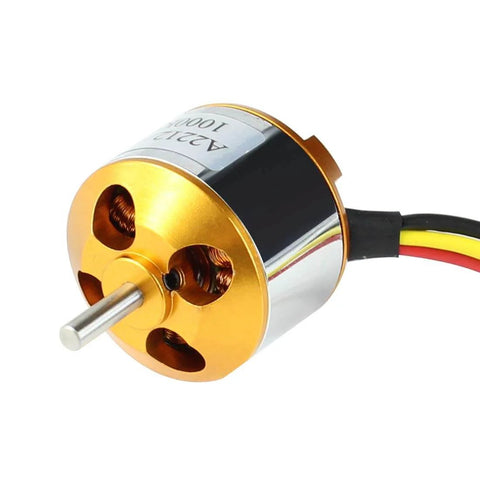 A2212 1000KV Brushless Outrunner Motor with 13T, 3.5mm male banana bullet connectors, gold and black exterior, for RC aircraft use.