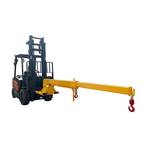 Heavy Duty Forklift Jib Boom Crane Attachment With Two Ton Lifting Power And Dual Hook Hoist System, yellow telescopic arm.