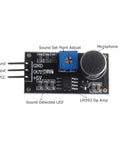 Dope LM393 Sound Sensor Module for Arduino featuring microphone, potentiometer, LED indicator, 3.3-5V digital output, top view.