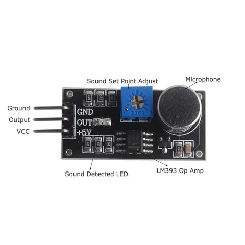 Dope LM393 Sound Sensor Module for Arduino featuring microphone, potentiometer, LED indicator, 3.3-5V digital output, top view.