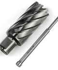 Oscarbide annular cutter with 3/4 in Weldon shank and pilot pin, 1-3/16 in cutting diameter, shown with magnetic drill bit