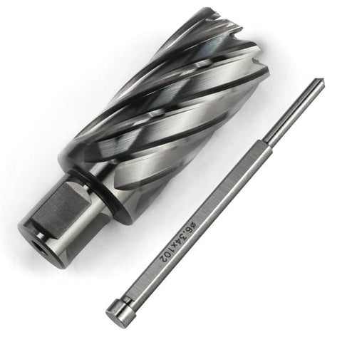 Oscarbide annular cutter with 3/4 in Weldon shank and pilot pin, 1-3/16 in cutting diameter, shown with magnetic drill bit