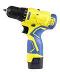 Heavy Duty Cordless Electric Drill With Rechargeable Battery And Brushless Motor Smart Chuck side view showing ergonomic grip and bright colors.