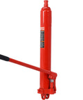 8 Ton hydraulic long ram jack with single piston pump, red steel body, clevis base, side view.