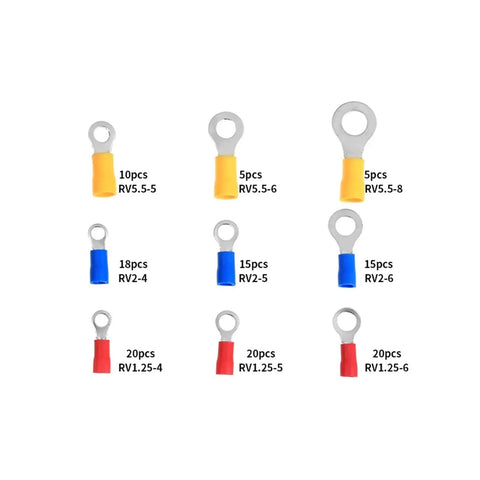 Heavy Duty 128Pc Insulated Ring Terminal Crimp Connector Kit With RV1.25 RV2 And RV5.5 Sizes For Secure Wire Cord Connections And Cable Fixes, assorted ring terminals