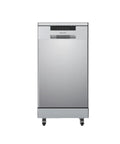No Sweat Portable Dishwasher In Brushed Platinum Steel Compact Countertop Appliance with wheels and control panel.