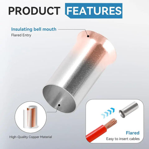 Close-up of tin-plated copper ferrule from 186-Piece Non-Insulated Copper Tin-Plated Ferrule Kit For Bare Wire Ends 4-70 Mm2.