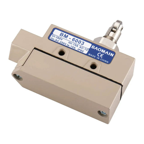 Rugged 15A 250VAC Beefed-Up Limit Switch With IP65 Sealed Body, Cross Roller Plunger Actuator shown in side view