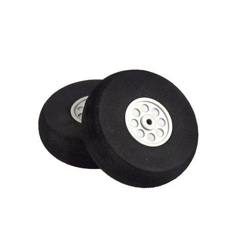 Two black foam wheels from Beefed Up Pro Grade Carbon Fiber Landing Gear Kit for 50E RC Jet Plane on white background