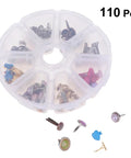 110 PCS Colorful Metal Brads Fasteners For Scrapbooking And Cardmaking, DIY Craft Decoration Kit With Split Pins in a plastic case
