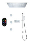 Fresh Concealed Led Rgb Shower System With Glossy Chrome Finish Eighty By Sixty Centimeter Rainhead controls and handheld sprayer.