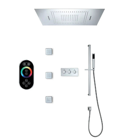 Fresh Concealed Led Rgb Shower System With Glossy Chrome Finish Eighty By Sixty Centimeter Rainhead controls and handheld sprayer.