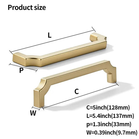 Kickass Zinc Alloy Cabinet Pulls Featuring Slick Brushed Gold Finish For Kitchen Drawers And Bathroom Vanities, shown in two sizes.