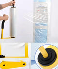 Heavy Duty Pallet Stretch Film Dispenser With Built In Film Cutter For 18 Inch And 20 Inch Rolls, Industrial Grade Steel Shrink Wrap Holder Fits 76 Mm Core, Easy Mount Pallet Wrapping Tool For Quick Secure Bundling, yellow handle in use