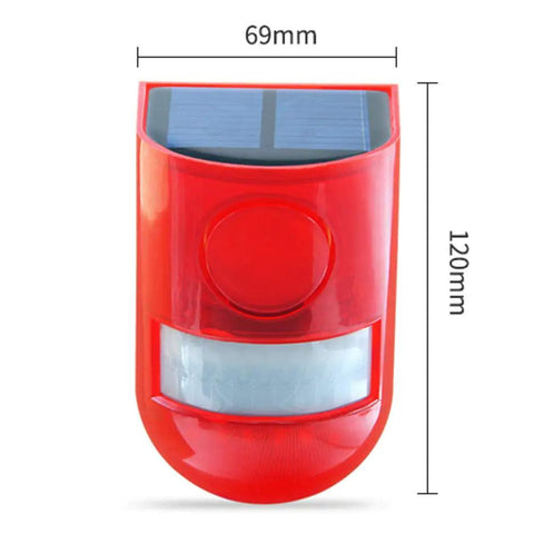 Red 2 Pack Solar Security Light Alarm with IP65 Waterproof LED, dimensions 69mm x 120mm, built-in battery and motion sensor