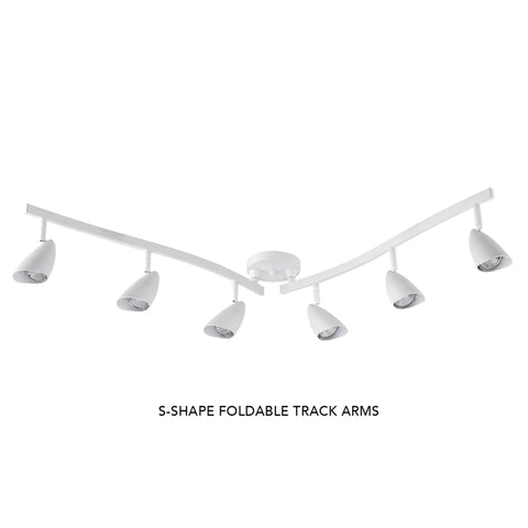 52 Inch Six Light S Shaped Track Lighting Kit in a Cool Matte Black Finish with Adjustable Heads and Pivot Shades Dimmable Ceiling Light Fixture for Kitchen and Living Areas Bulbs Not Included, shown in white.