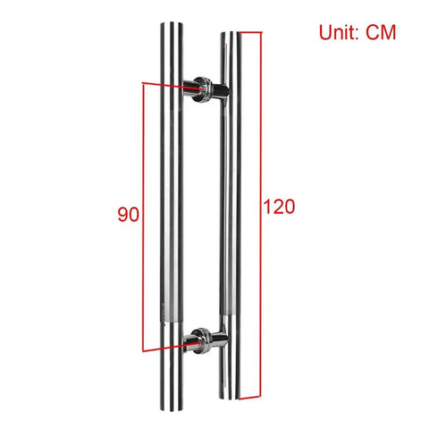 Brushed 304 Stainless Steel Thick Round Tube Glass Door Push Pull Handrail For Sliding Doors Door Hardware Accessories Eight Sizes 120 By 90 Cm Durable Rust Resistant Easy Install For Home Hotel Office Club, shown in a vertical position with measurement annotations.