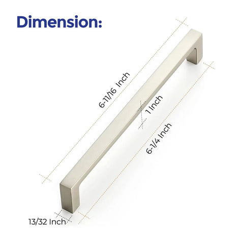Solid Six And One Quarter Inch Square Cabinet Handles In Brushed Nickel showcasing dimensions, ideal for kitchen cabinets.