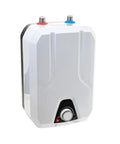 Under Sink Electric Water Heater 1.6 Gallon Tank 1500W with adjustable dial and inlet connections.