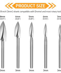 Pro Grade Wood Carving Bits For Rotary Tools, 5 Piece Engraving Drill Set With One Eighth Inch Shank showing various bit sizes.