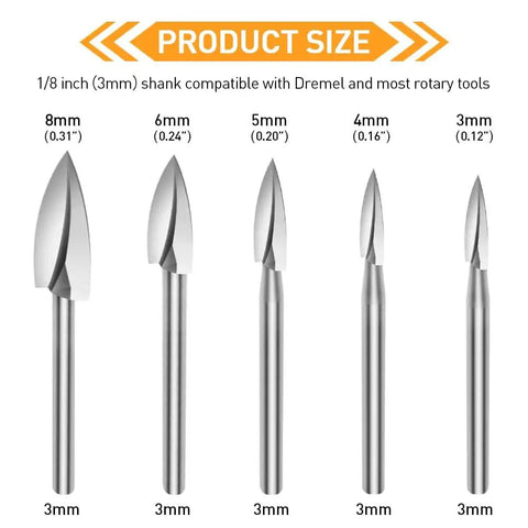 Pro Grade Wood Carving Bits For Rotary Tools, 5 Piece Engraving Drill Set With One Eighth Inch Shank showing various bit sizes.