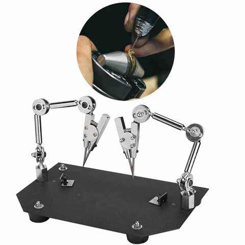 Heavy Duty Auxiliary Jewelry Welding Work Clip With Angle Adjustable Third Hand For Soldering Maintenance And Modeling Tasks In Workshop, steel build with two adjustable arms.