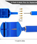 Pro Watch Link Removal Kit With Pin Remover Tools For Watch Band Adjustment And Bracelet Sizing Easy Watch Resizing Includes 5 Spare Pins 3 Pin Punches And Hammer For Quick Reliable Band Repair, blue plastic pin remover and 5 replacement pins in packaging