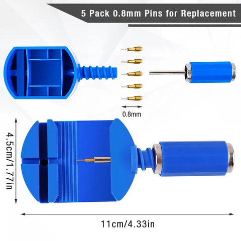 Pro Watch Link Removal Kit With Pin Remover Tools For Watch Band Adjustment And Bracelet Sizing Easy Watch Resizing Includes 5 Spare Pins 3 Pin Punches And Hammer For Quick Reliable Band Repair, blue plastic pin remover and 5 replacement pins in packaging