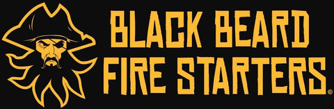 Black Beard Fire Starters logo with stylized pirate face and bold yellow text on black background.