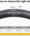 Two Pack Heavy Duty Bike Inner Tubes 20x1.50 1.75 1.90 Fits 38 406 Tires With AV32mm Schrader Valve size chart and tube image