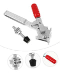 Close-up of Two Piece Welding Fixed Toggle Clamps With Rubber Tips showing clamp components and red handle detail.