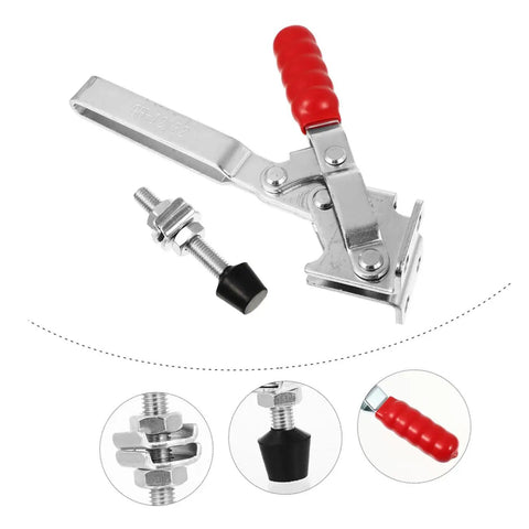 Close-up of Two Piece Welding Fixed Toggle Clamps With Rubber Tips showing clamp components and red handle detail.