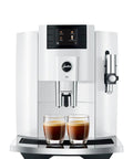 Top Tier Automatic Espresso Machine Bundle In Piano White With Glass Milk Container And Clearyl Smart Filter Cartridge For Seamless One Touch Operation And Premium Daily Grinds featuring dual espresso cups.