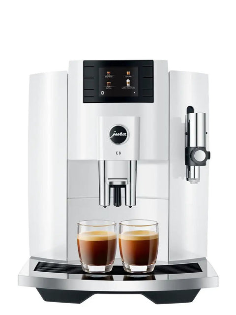 Top Tier Automatic Espresso Machine Bundle In Piano White With Glass Milk Container And Clearyl Smart Filter Cartridge For Seamless One Touch Operation And Premium Daily Grinds featuring dual espresso cups.