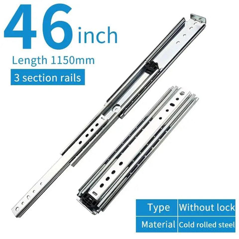 Heavy Duty Full Extension Ball Bearing Drawer Slides 46 Inch One Pair smooth silver steel tracks with three sections.