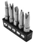 Heavy Duty 5 Pc 1/4 Hex Shank Magnetic Screwdriver Bit Set Featuring U Shape Y Type Inner Cross Three Point Special Heads Built Different With Durable S2 Steel For Power Drills Top Shelf Ace displayed on holder.