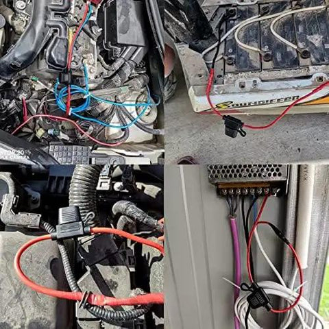 Killer 14 Gauge Inline Fuse Holder 10 Pack Red Atc Ato Blade Fuses With Waterproof Cap Ultimate Protection For 12V Dc Automotive Wiring Systems shown connected to various wiring setups.