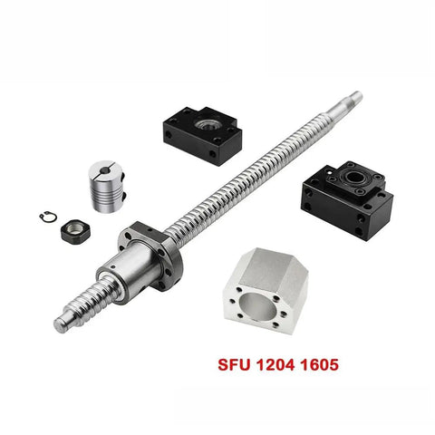 Top Tier SFU Series Ball Screw Kit For CNC Machining With 4mm And 5mm Precision Pitch Including Solid Coupler To Boost Structural Strength And Simplify Your DIY Machine Build Projects. SFU 1204 1605 ball screw kit with coupler, nut block, and bearing blocks