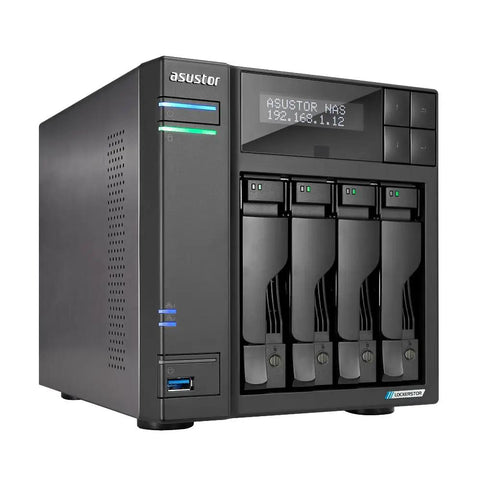 Rock Solid 4 Bay Network Attached Storage Drive Featuring Intel Quad Core CPU Dual 5GBE Ethernet with four drive slots.
