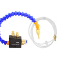 Game Changer Coolant Sprayer System For CNC Machining metal coolant valve with flexible blue hose and brass nozzle.