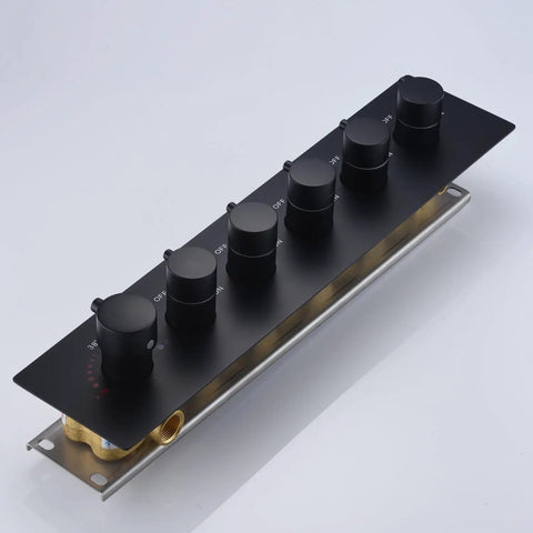 Top Shelf Ceiling Mount Rain Shower Kit With Bright LED Temp Display And Swift Handheld Switch Featuring Polished Body Jets Brushed Gold Thermostatic Valve Solid Build Bath Upgrade six-knob black temperature control panel