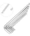 Top Notch 7 Pc Extended Hex Key L Wrench Set With Long Handles For Mechanics Pros And DIY Guys Featuring Ergonomic Grips In Sizes From.5mm To 6mm Made Of Durable Steel For Tough Jobs. 7-piece hex key L wrench set, polished steel, long-arm sizes 0.5mm to 6mm