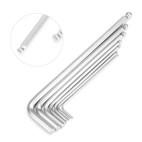 Top Notch 7 Pc Extended Hex Key L Wrench Set With Long Handles For Mechanics Pros And DIY Guys Featuring Ergonomic Grips In Sizes From.5mm To 6mm Made Of Durable Steel For Tough Jobs. 7-piece hex key L wrench set, polished steel, long-arm sizes 0.5mm to 6mm