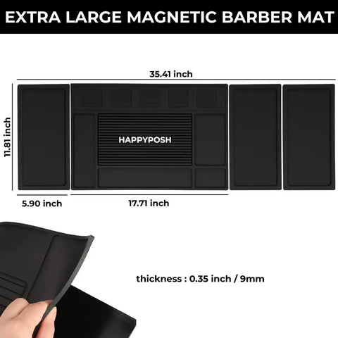 Top view of Modular Magnetic Barber Mat Set with Five Strong Magnets, extra large, non-slip rubber, for clippers and tools.