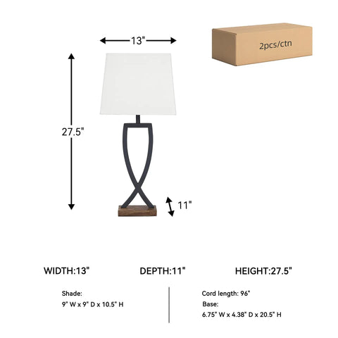 Metal Minimalist Table Lamp Set With Black And Brown Finish, Two Lamps, Rectangular Hardback Shade, 3 Way Switch, box view