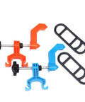 Portable Bicycle Wheel Truing Stand For Quick Rim Adjustments, compact lightweight repair tool in red and blue components, top view.