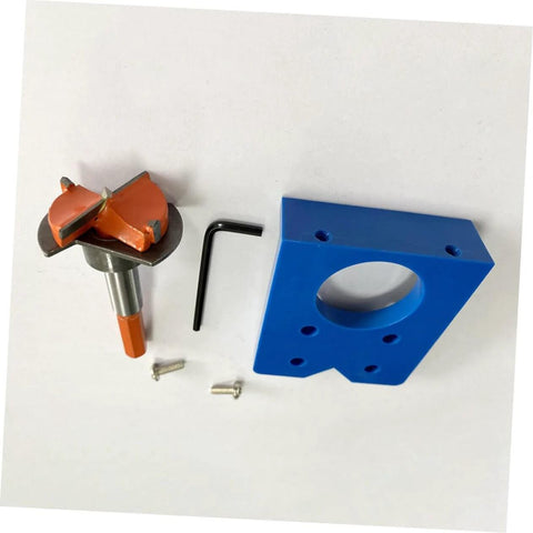 Gadpiparty hinge drilling jig set with blue mounting block, orange drill guide, hex key, and screws