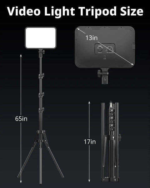 Diagram showing sizes of 65-inch tripod and foldable 17-inch stand from the Two Pack LED Video Light Kit With 20W Ring Lights And 300 LEDs.